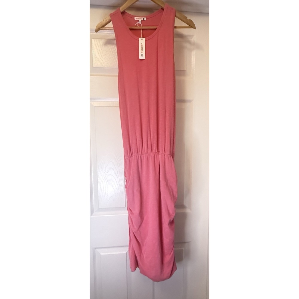 Sundry‎ Racerback Midi Dress Womens 4 Pink Ruched Side Slub Knit Made in USA NWT